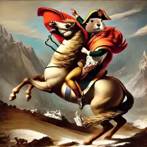 Gopher riding a horse that is rearing up like Napolean crossing the Alps