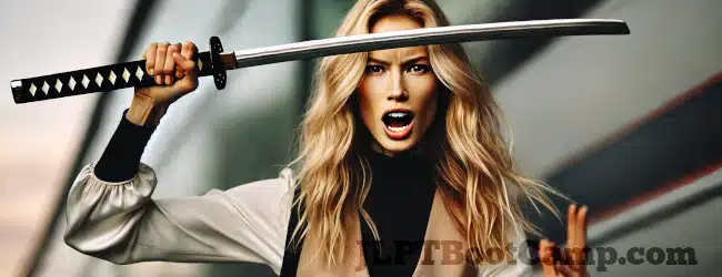 Mnemonic image for the 午 kanji, a blonde woman named Uma is holding a sword up and yelling GO!