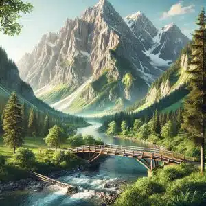 A picture of a mountain with a river flowing from the right of it to the lower left corner. A bridge crosses the river. It resembles the 今 kanji.