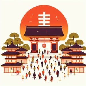 people going to a Japanese temple shaped like 寺 as the square sun with a line through it rises to the left