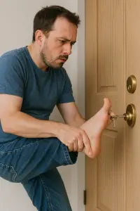 A man tries to open a door with his TOE KEY.