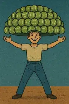 Man is standing with arms outstretched and legs spread with a giant hat of tennis balls