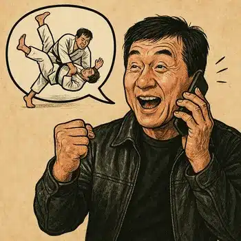 Older asian action star talking on the phone about jujitsu.