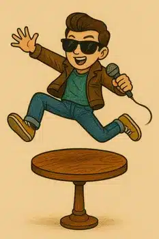 A COOl guy singing KARAoke is jumping over a table with a single leg with arms and legs outstretched. 