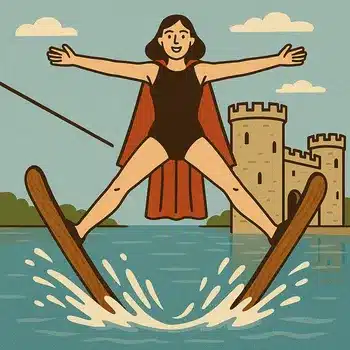A Woman does a water ski jump in a moat around a castle. She is in the shape of the 木 kanji.