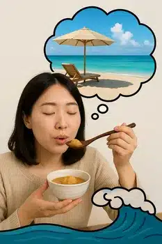 A woman is eating sweet miso and dreaming of the beach.