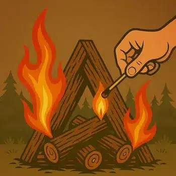 A person lights a fire with a match and burns on top of an upside down V.