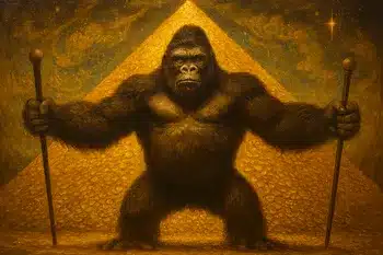 King Kong stands in front of a mountain of gold with arms outstretched holding two canes.
