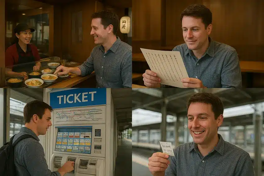 A Man orders in a restaurant, reads a menu, and buys a ticket